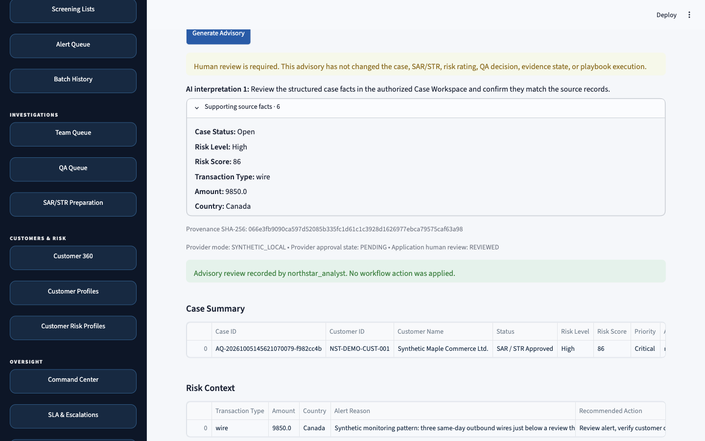 Synthetic CaseAxis AI advisory showing six source facts, provenance hash and human review state