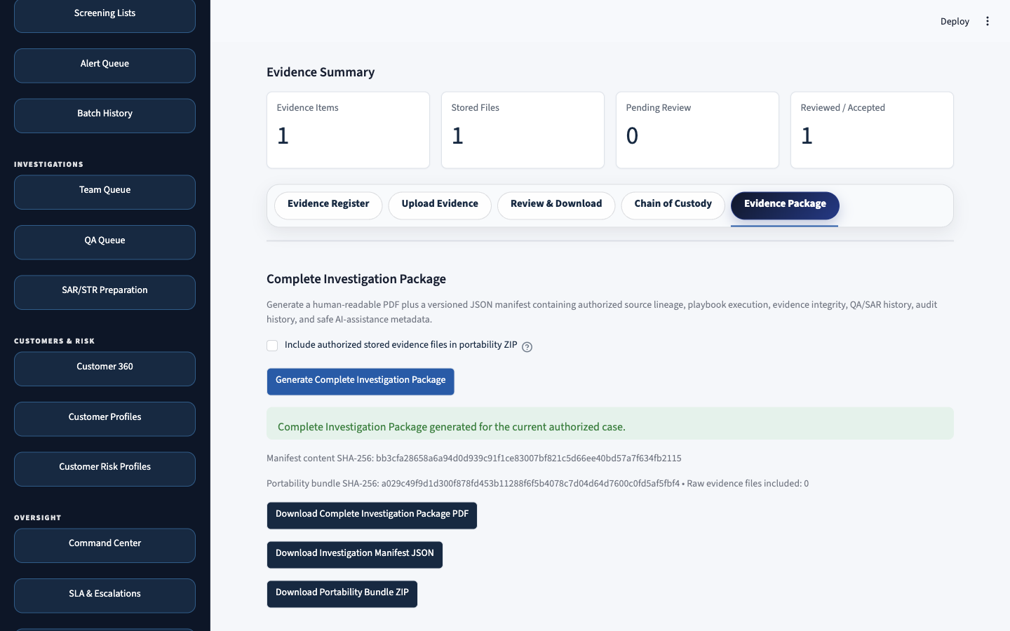 Synthetic CaseAxis Complete Investigation Package with PDF JSON manifest and portability bundle downloads