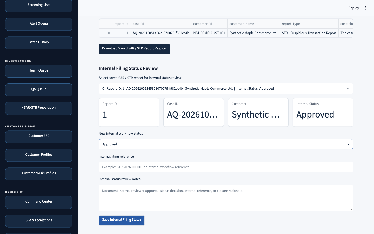 Synthetic CaseAxis internal SAR or STR status showing Approved